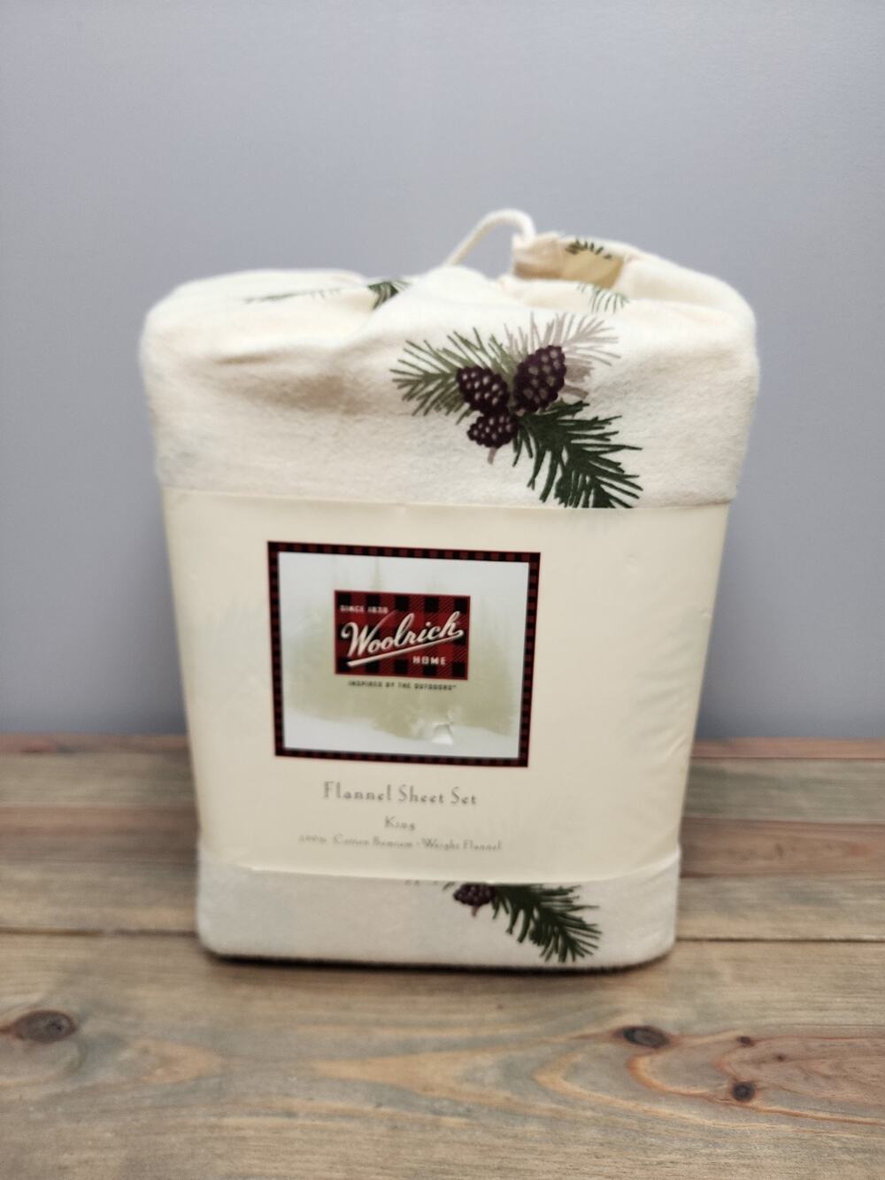 Woolrich Flannel Sheet Set King 4pc Moose Mountain Cabin Scenic Cream Green Red